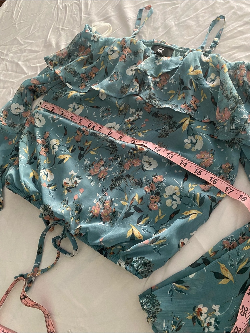 Iz Byer Teal Floral Off-Shoulder Ruffle Blouse - Picture 6 of 8